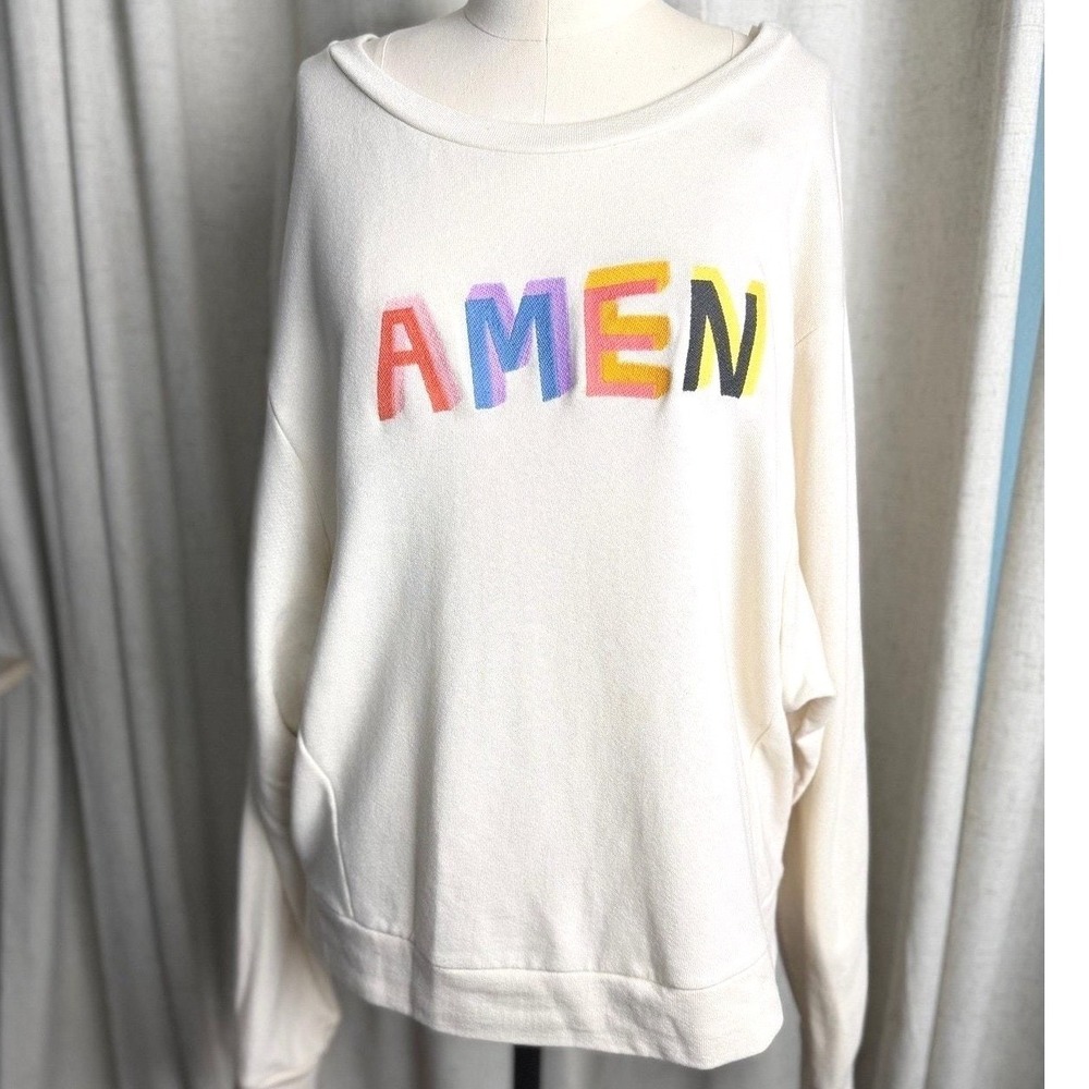 Embroidered Blank Paige Amen Cream Graphic Sweatshirt
